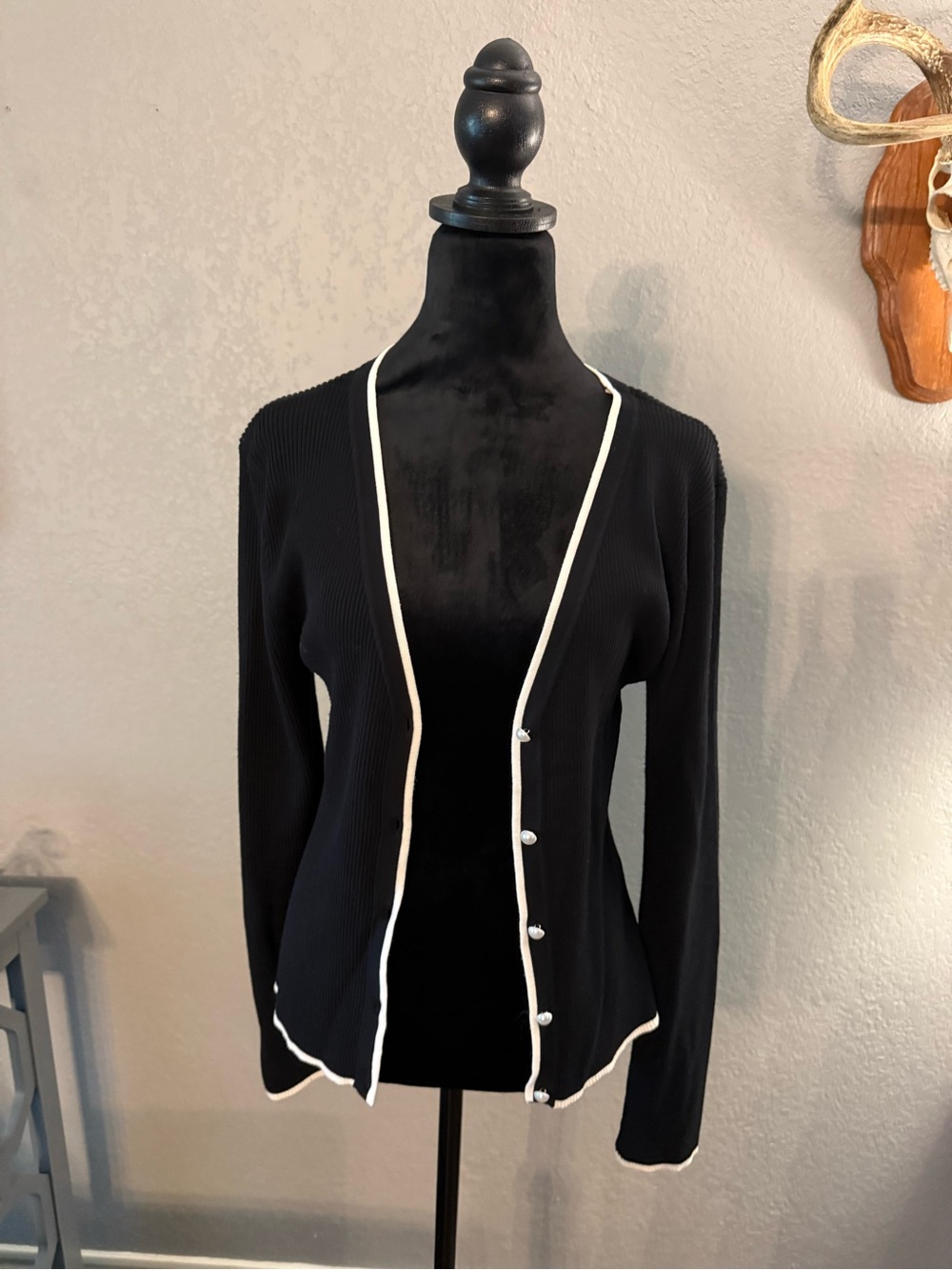 Black Cardigan with White Contrast Trim